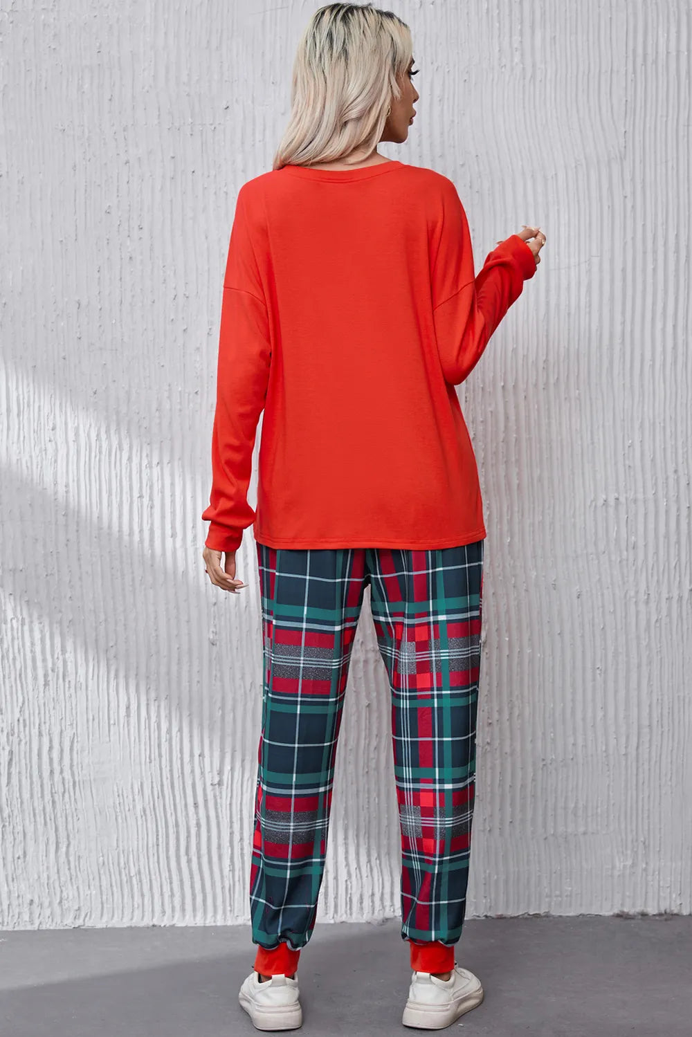 All Is Round Neck Top and Plaid Pants Lounge Set in Red for Women