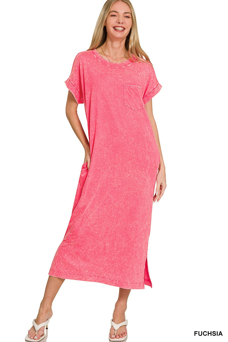Washed Exposed Seam Short Sleeve T-Shirt Dress in Fuchsia for Women