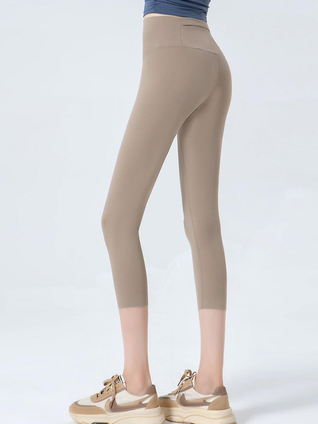 Wide Waistband Cropped Sports Leggings in Dusty Blue for Women