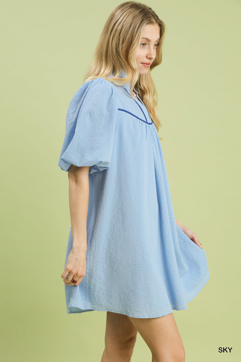 Seersucker Puff Sleeve Dress in Sky for Women