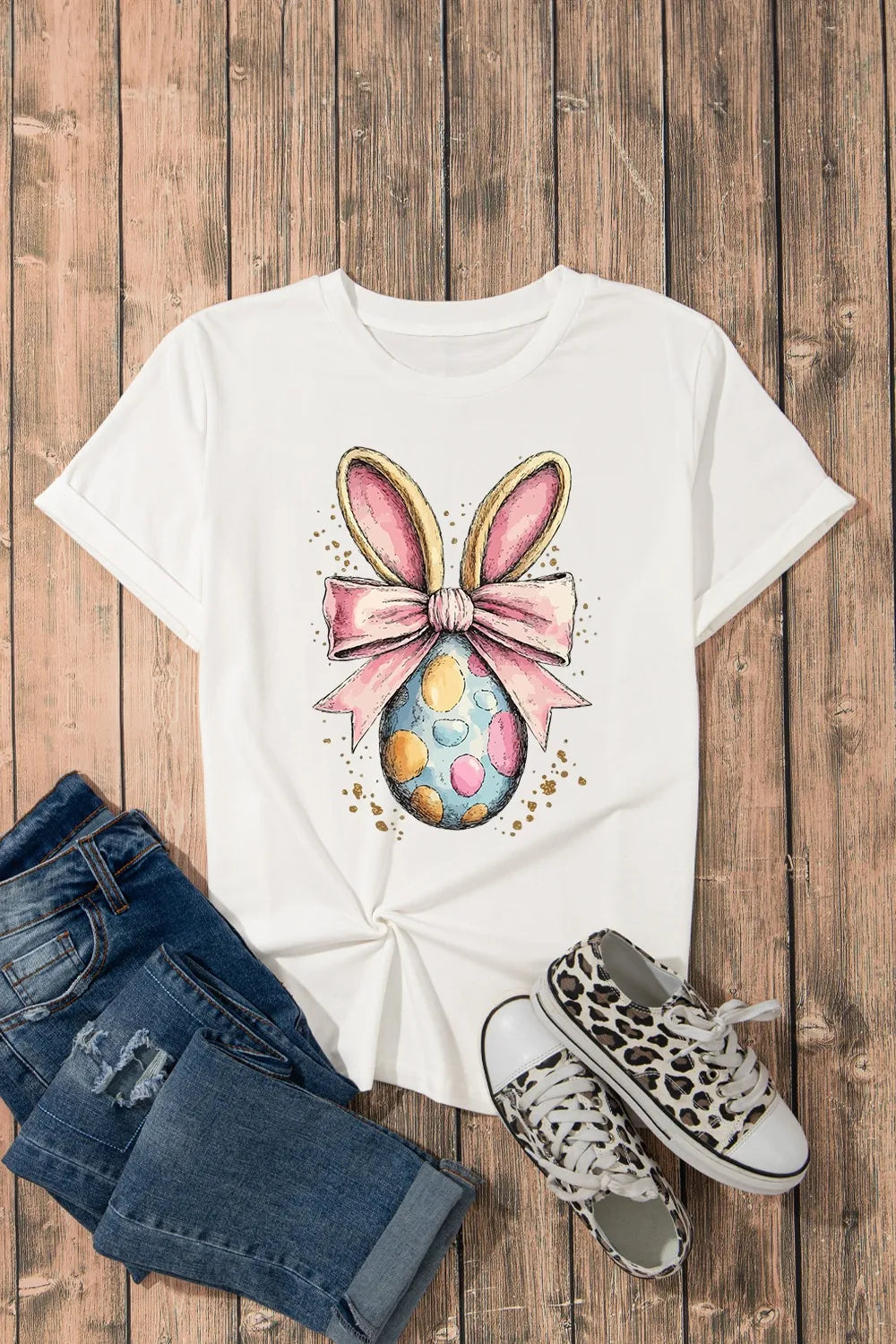 Easter Egg Bow Bunny Ear Graphic T-Shirt in White for Women