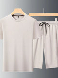 Plus Size Round Neck Short Sleeve Top and Shorts Set in Khaki for Men