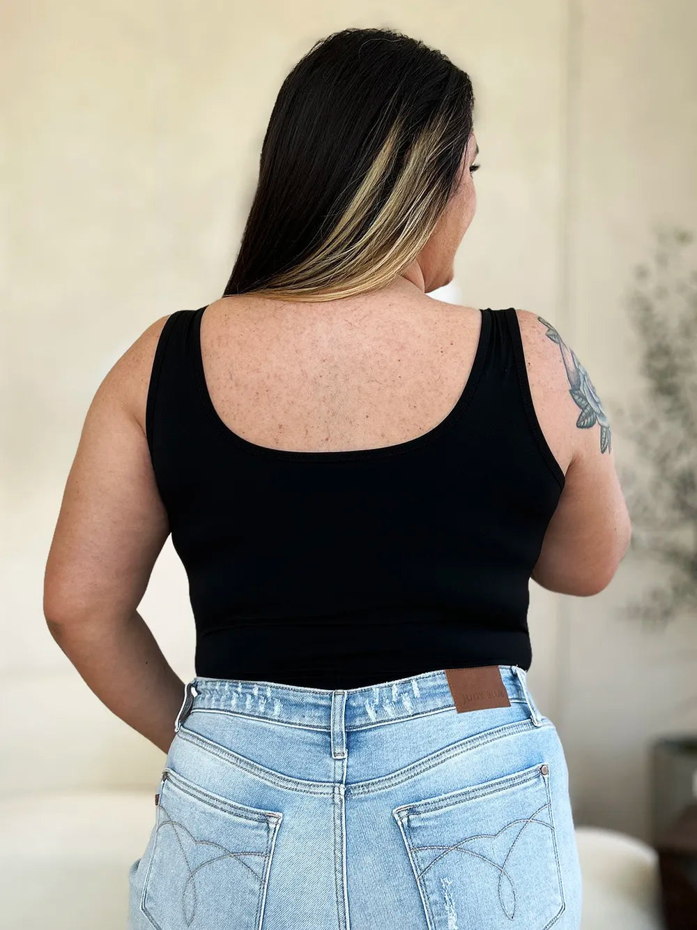 Plus Size Square Neck Sleeveless Bodysuit in Black for Women