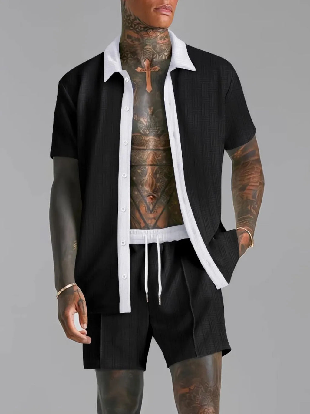 Collared Neck Short Sleeve Top and Shorts Set Plus Size in Tan for Men