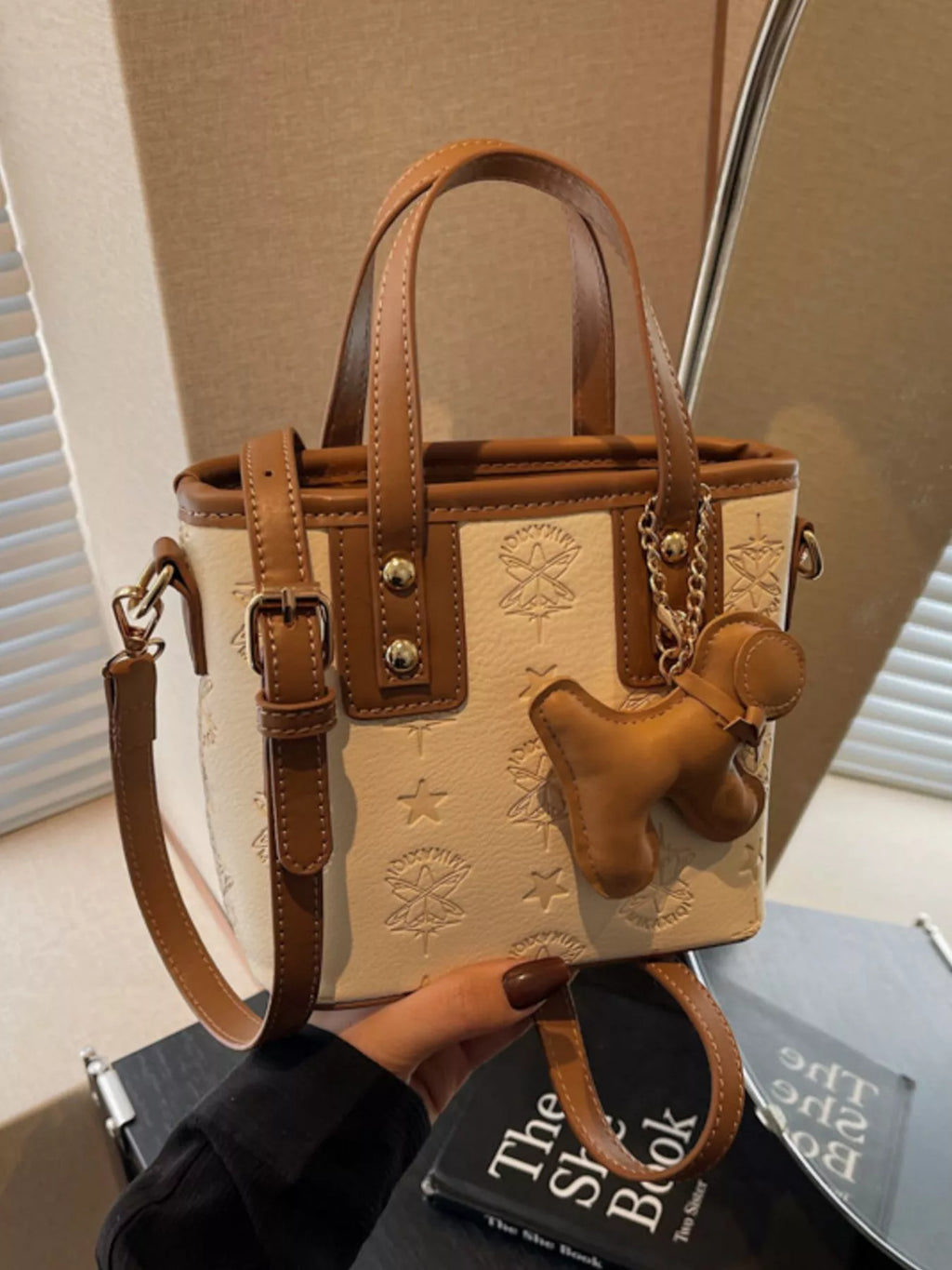 Embossed Pattern Dog Charm Crossbody Bag for Women