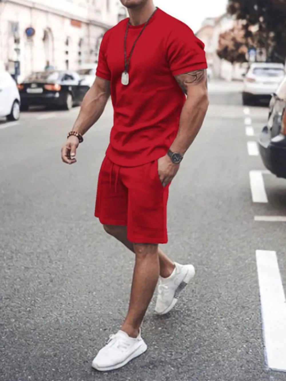 Plus Size Round Neck Short Sleeve Top and Shorts Set in White for Men