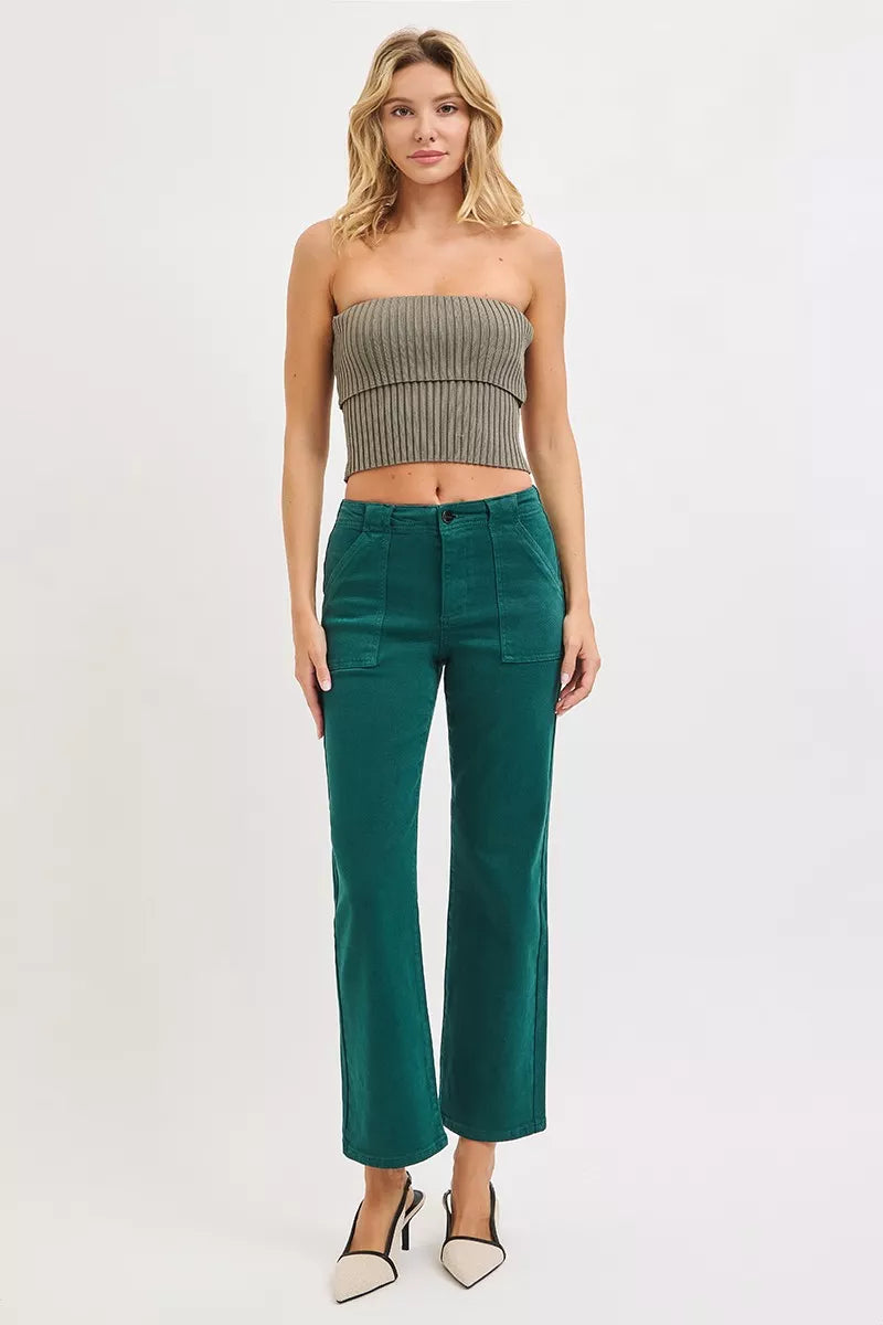 High Rise Ankle Flare Patch Pocket Jeans in Hunter Green for Women