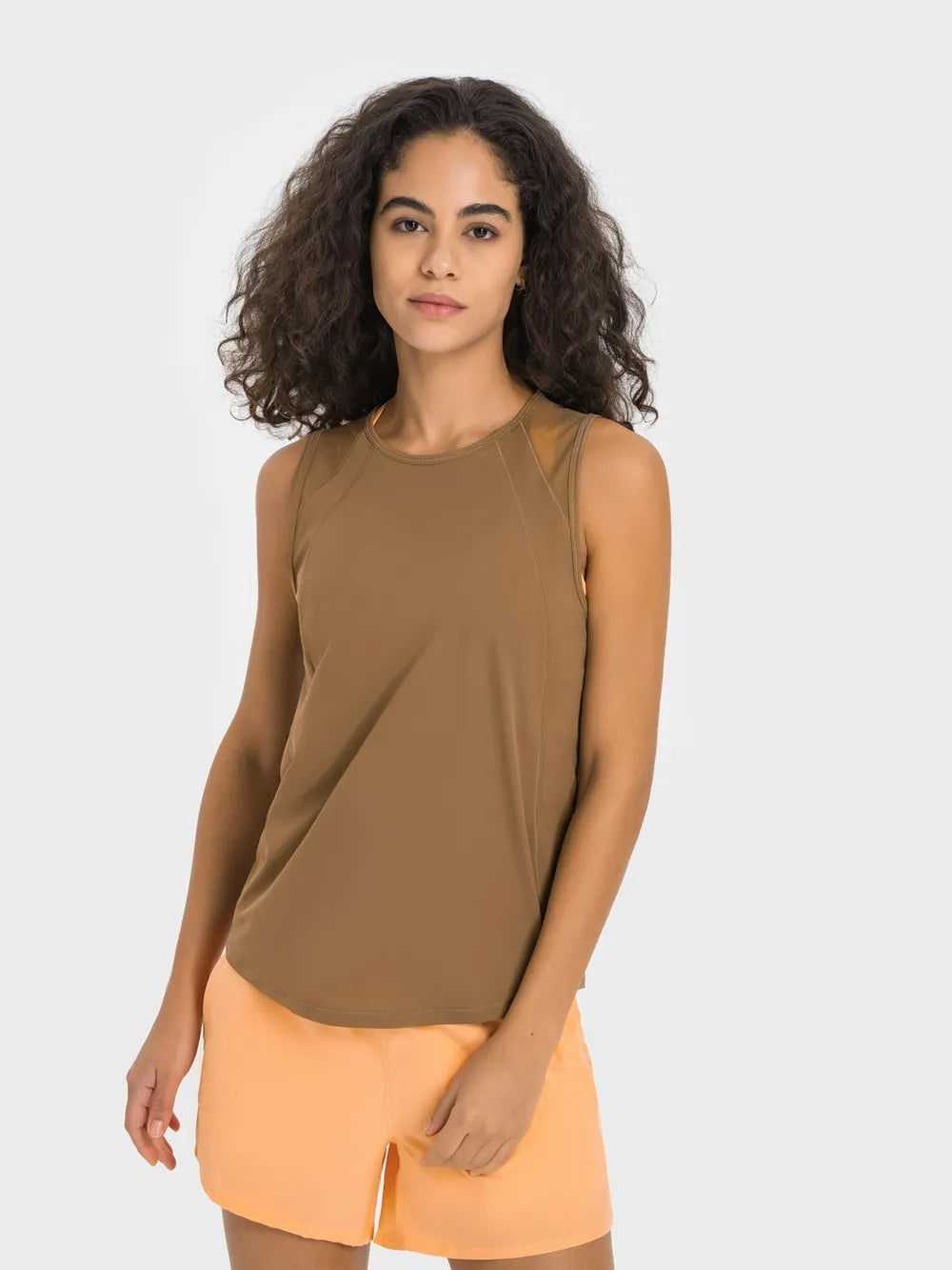 Cutout Back Round Neck Active Tank in Camel for Women