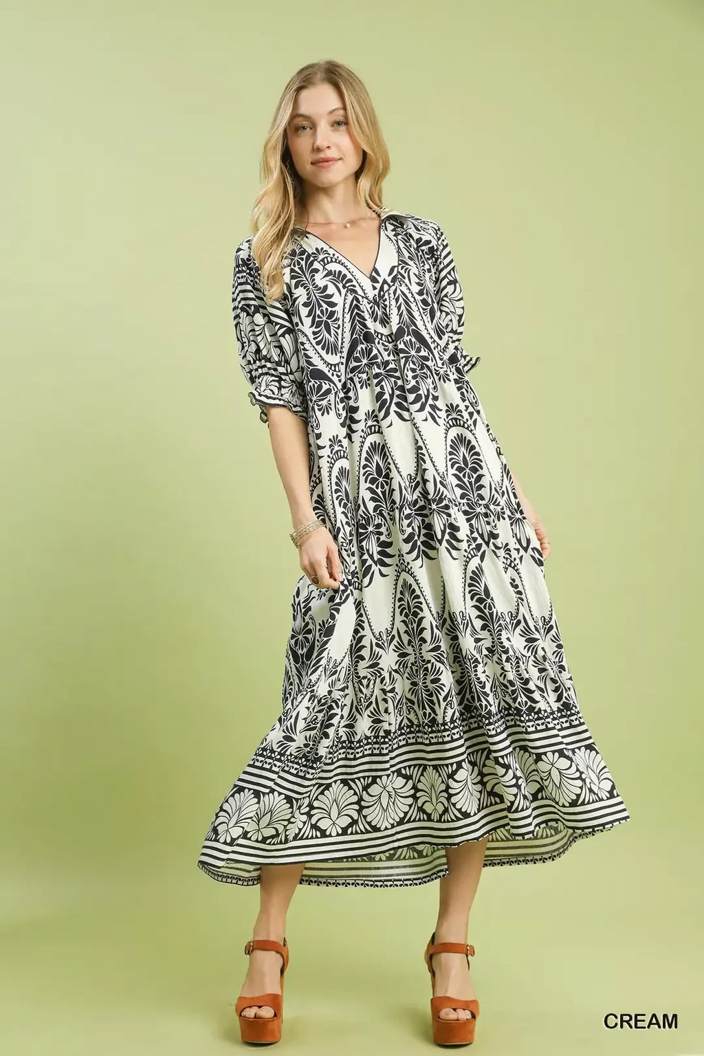 Two Tone Border Print Midi Dress in Cream for Women