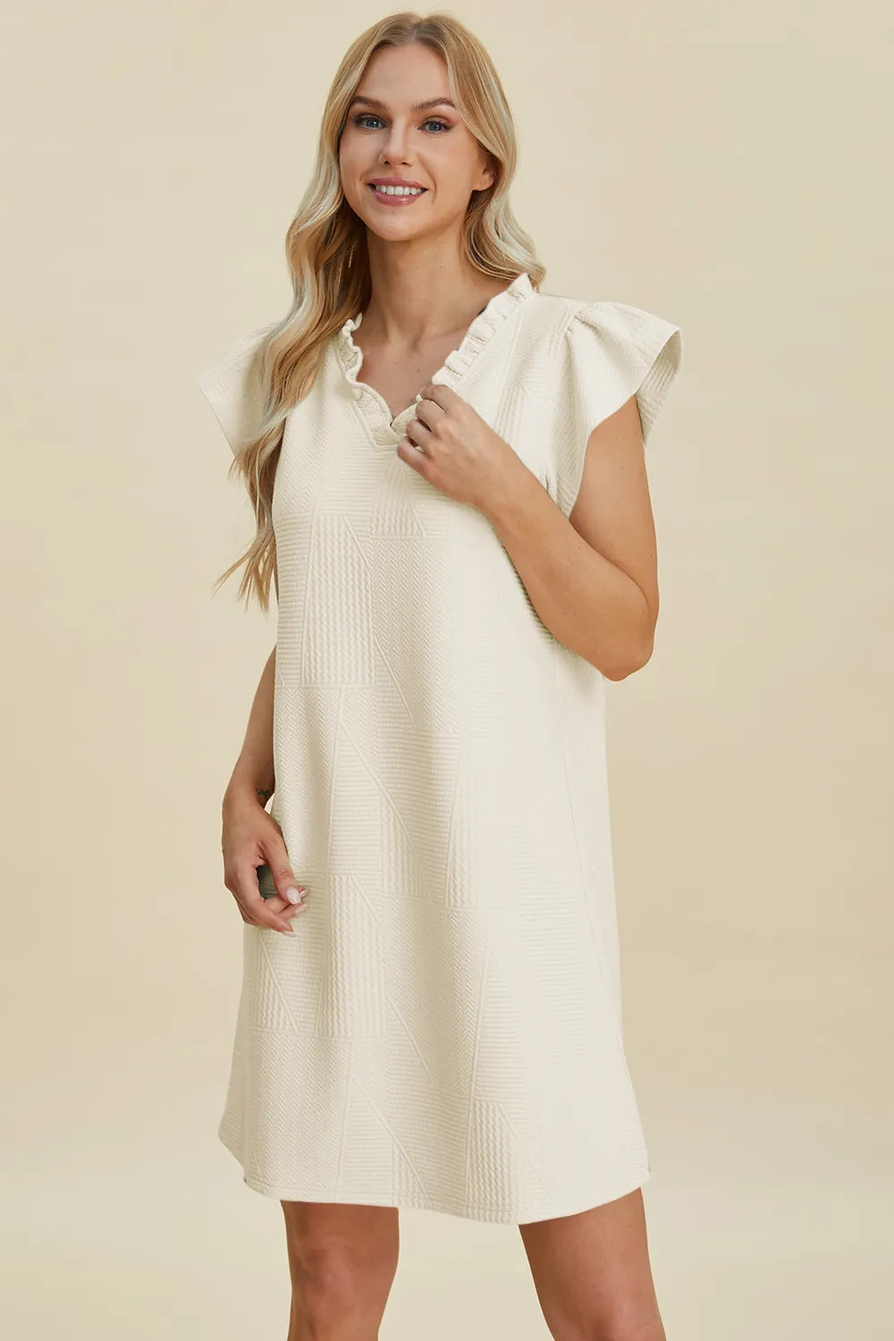Plus Size Ruffled V-Neck Cap Sleeve Dress in Black for Women