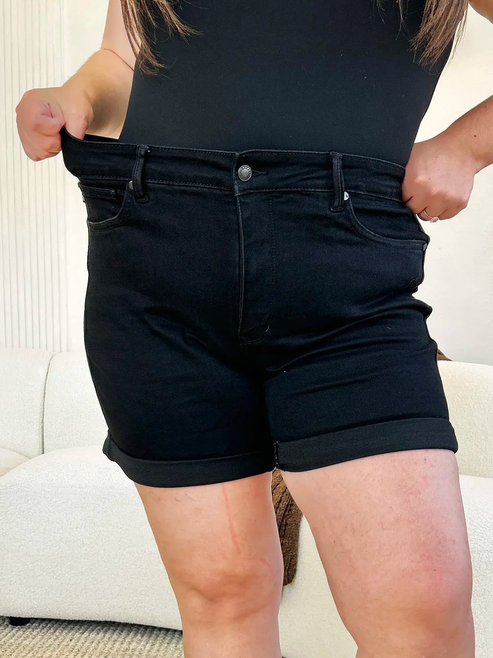 Plus Size High Waist Tummy Control Cuffed Denim Shorts for Women