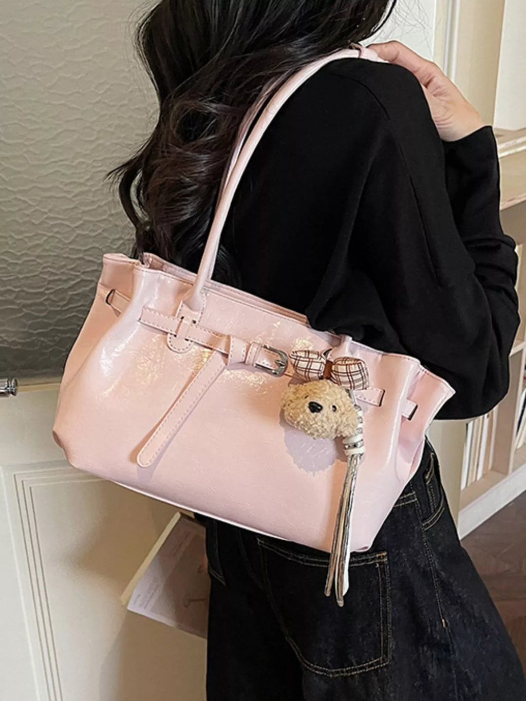Leather Shoulder Bag with Dog Charm for Women