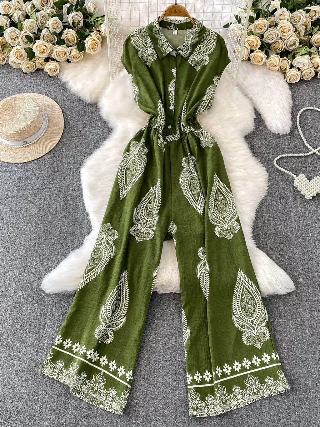 Green Button Front Wide Leg Jumpsuit in Green for Women