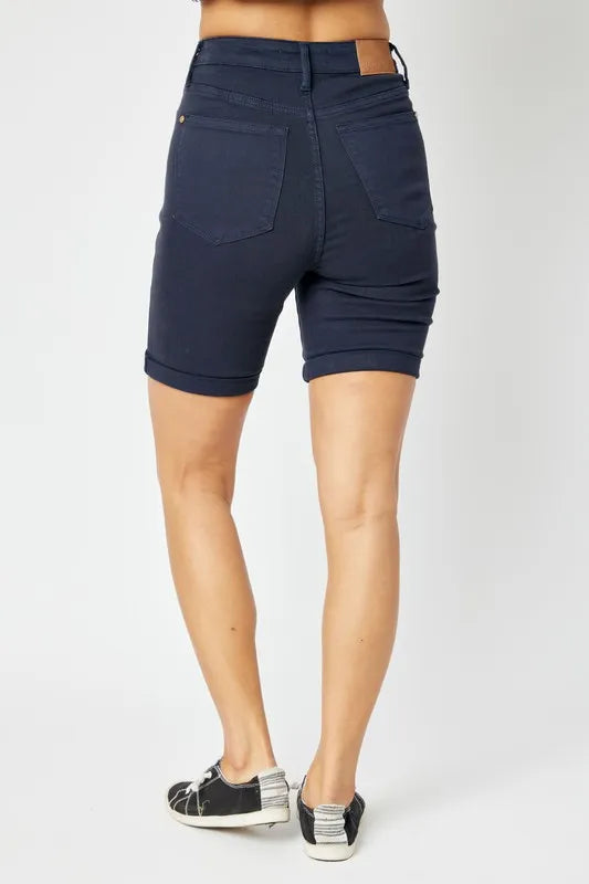 Plus Size High Waist Tummy Control Bermuda Shorts in Dark Blue for Women