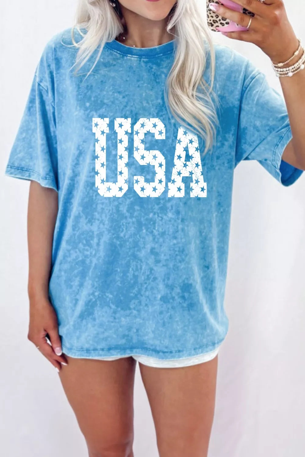 USA Star Print Acid Wash T-Shirt in Pastel Blue for Women