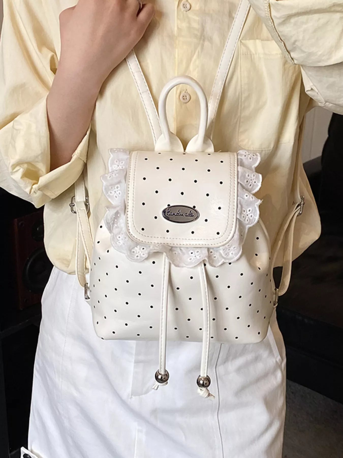 Polka Dot Lace Trim Backpack Bag in Cream for Women