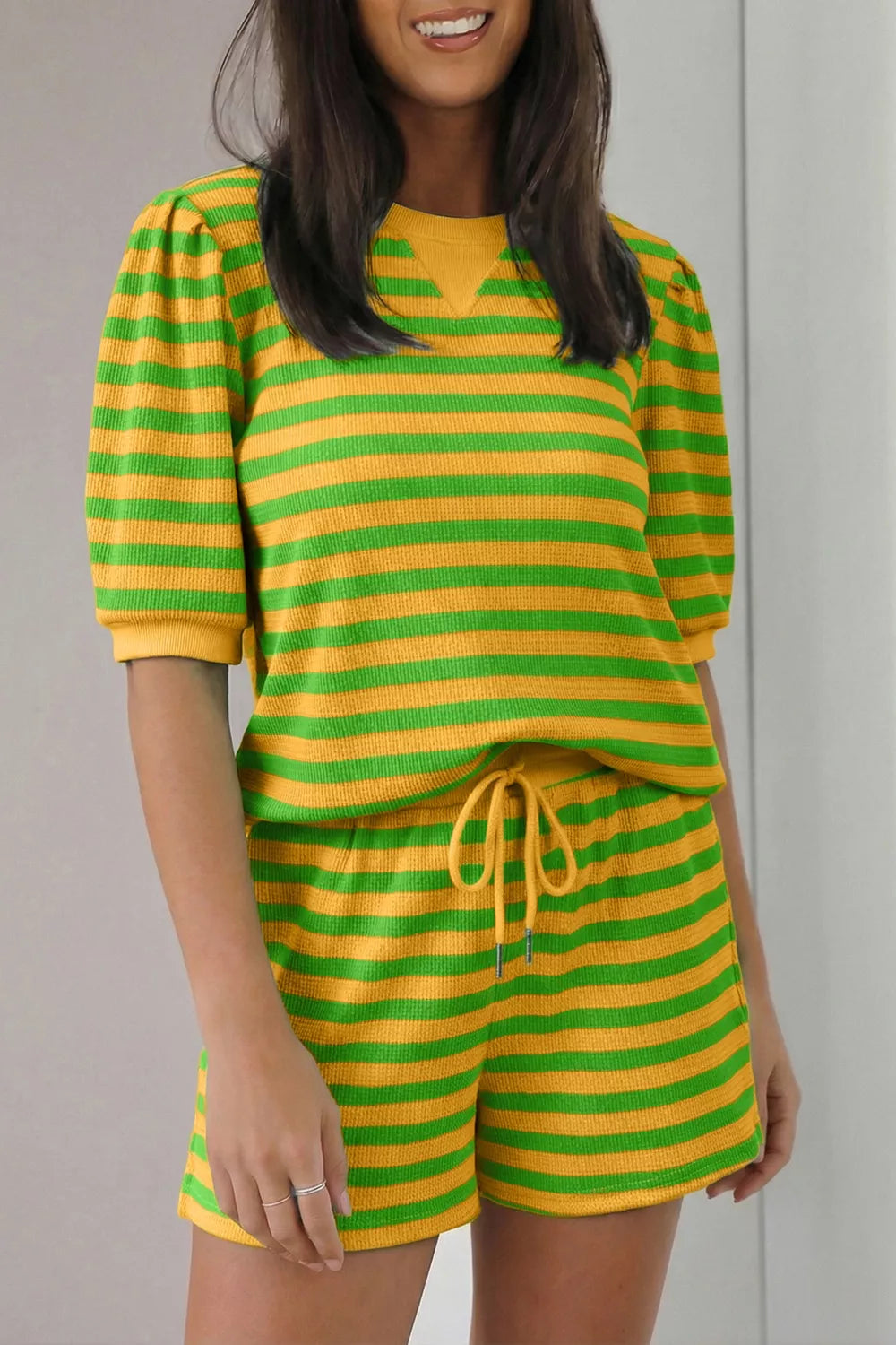 Striped Puff Sleeve Top and Drawstring Shorts Set in Chartreuse for Women