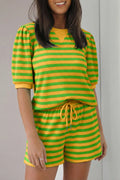 Striped Puff Sleeve Top and Drawstring Shorts Set in Chartreuse for Women