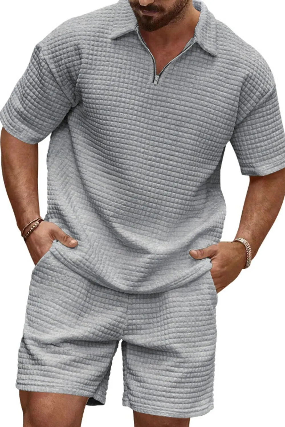 Zip Collar Short Sleeve Top and Shorts Set Plus Size in Khaki for Men