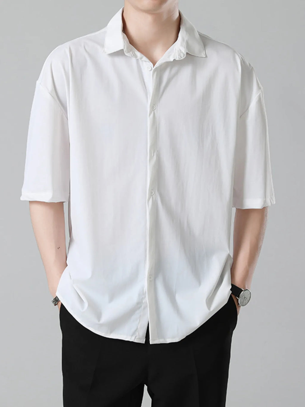 Button Up Short Sleeve Shirt Plus Size in Black for Men