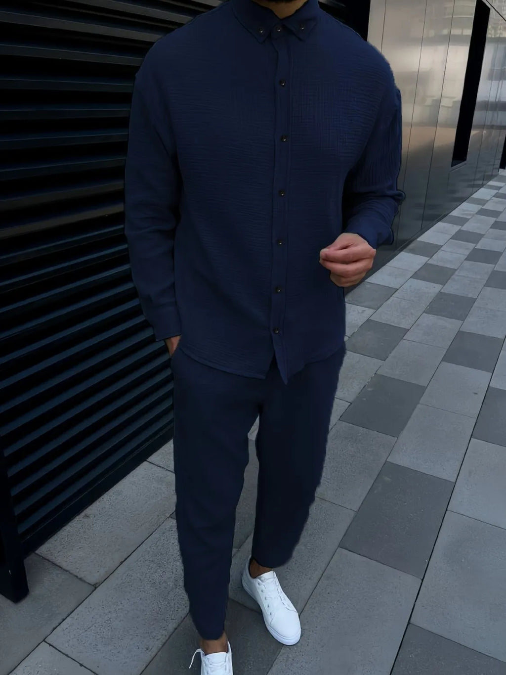Button Down Long Sleeve Shirt and Pants Set in White for Men