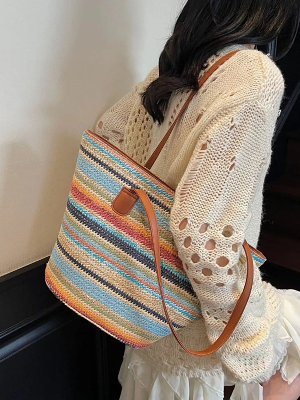 Striped Woven Shoulder Bag for Women