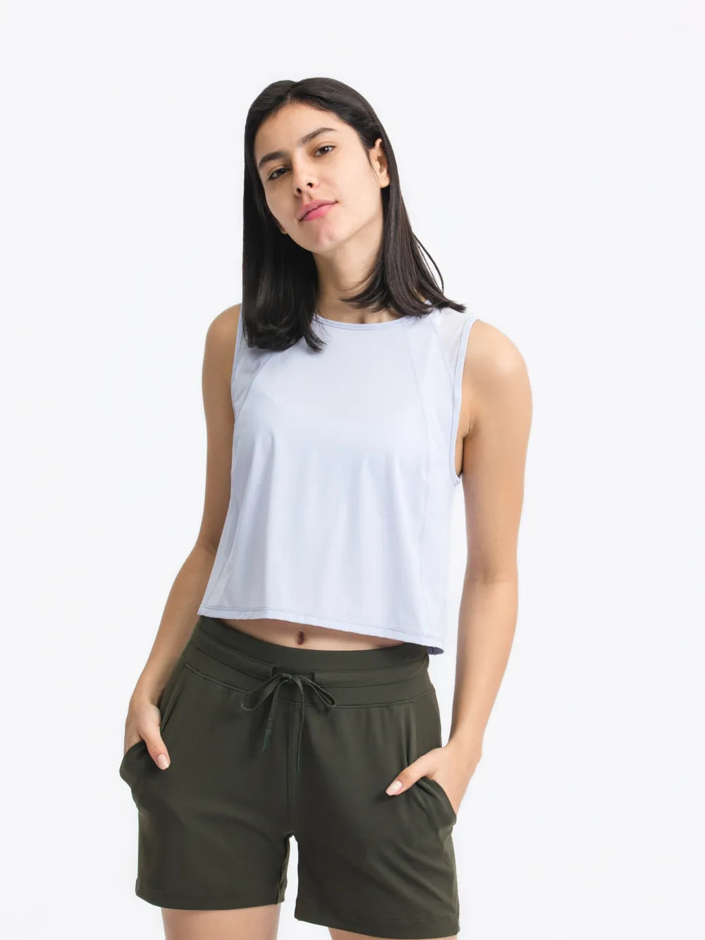 Round Neck Cropped Active Tank in Baby Blue for Women