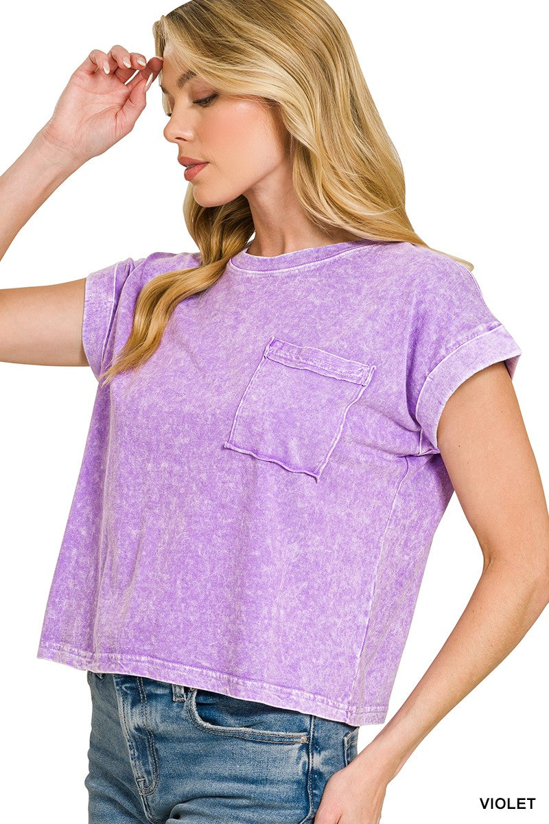 Halo Snow Washed Cotton Cuffed Short Sleeve Top in Violet for Women