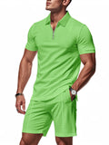 Plus Size Quarter Zip Short Sleeve Top and Shorts Set in Light Blue for Men