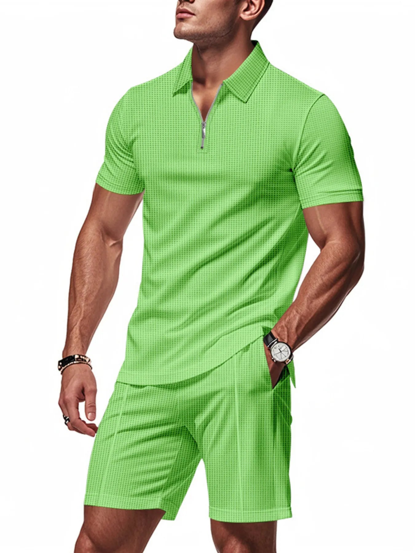 Plus Size Quarter Zip Short Sleeve Top and Shorts Set in Light Blue for Men
