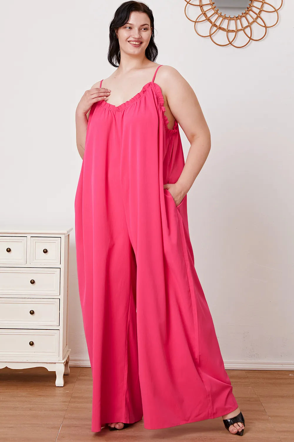 Plus Size Ruffle Trim Tie Back Cami Jumpsuit with Pockets for Women