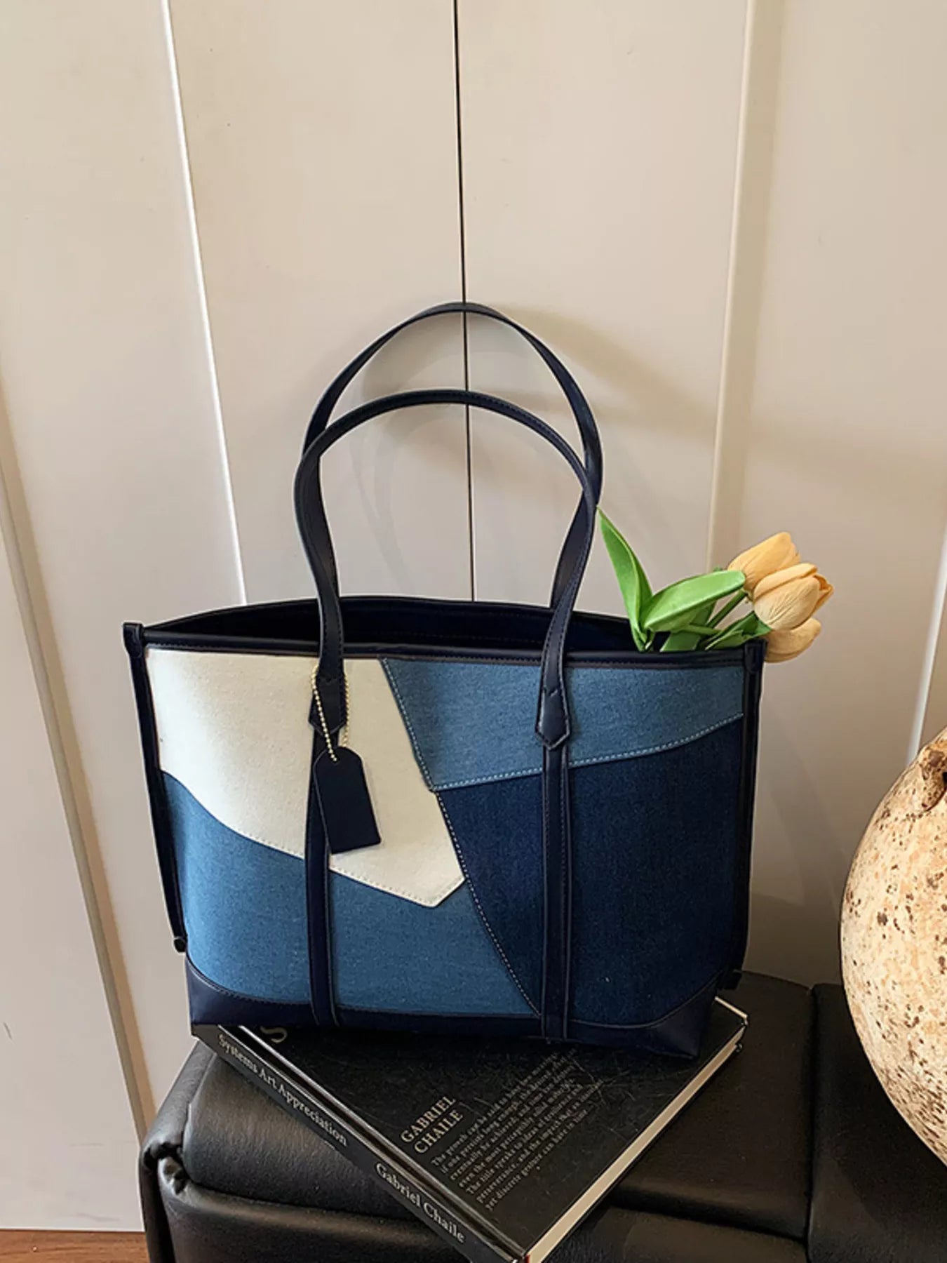 Color Block Denim Shoulder Bag in Blue for Women