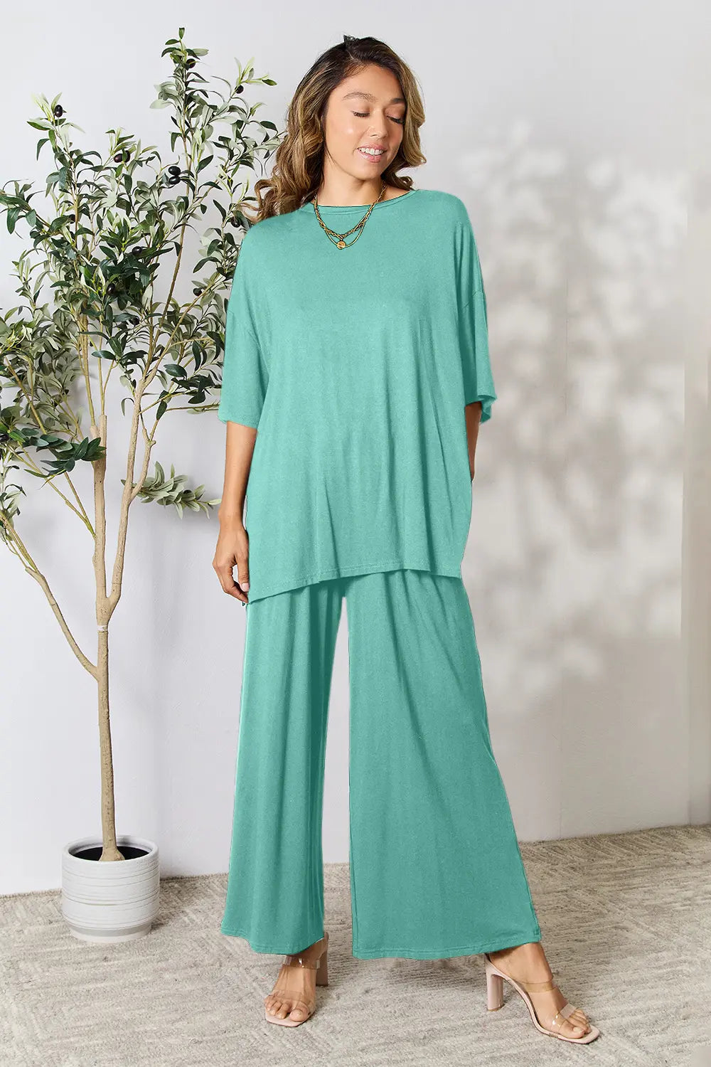 Plus Size Round Neck Slit Top and Pants Set in Black for Women
