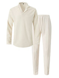 Waffle-Knit Long Sleeve Top and Pants Set Plus Size in Beige for Men