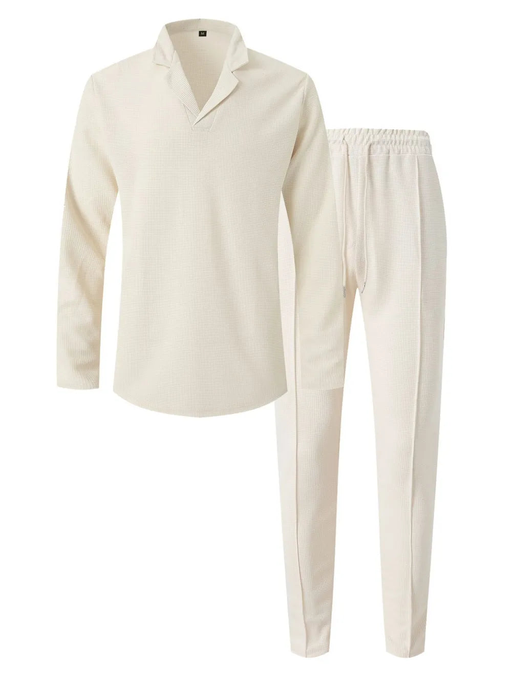 Waffle-Knit Long Sleeve Top and Pants Set Plus Size in Beige for Men