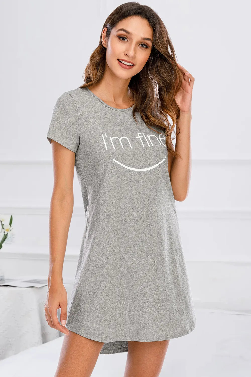 Graphic Round Neck Short Sleeve Lounge Dress in Gray for Women