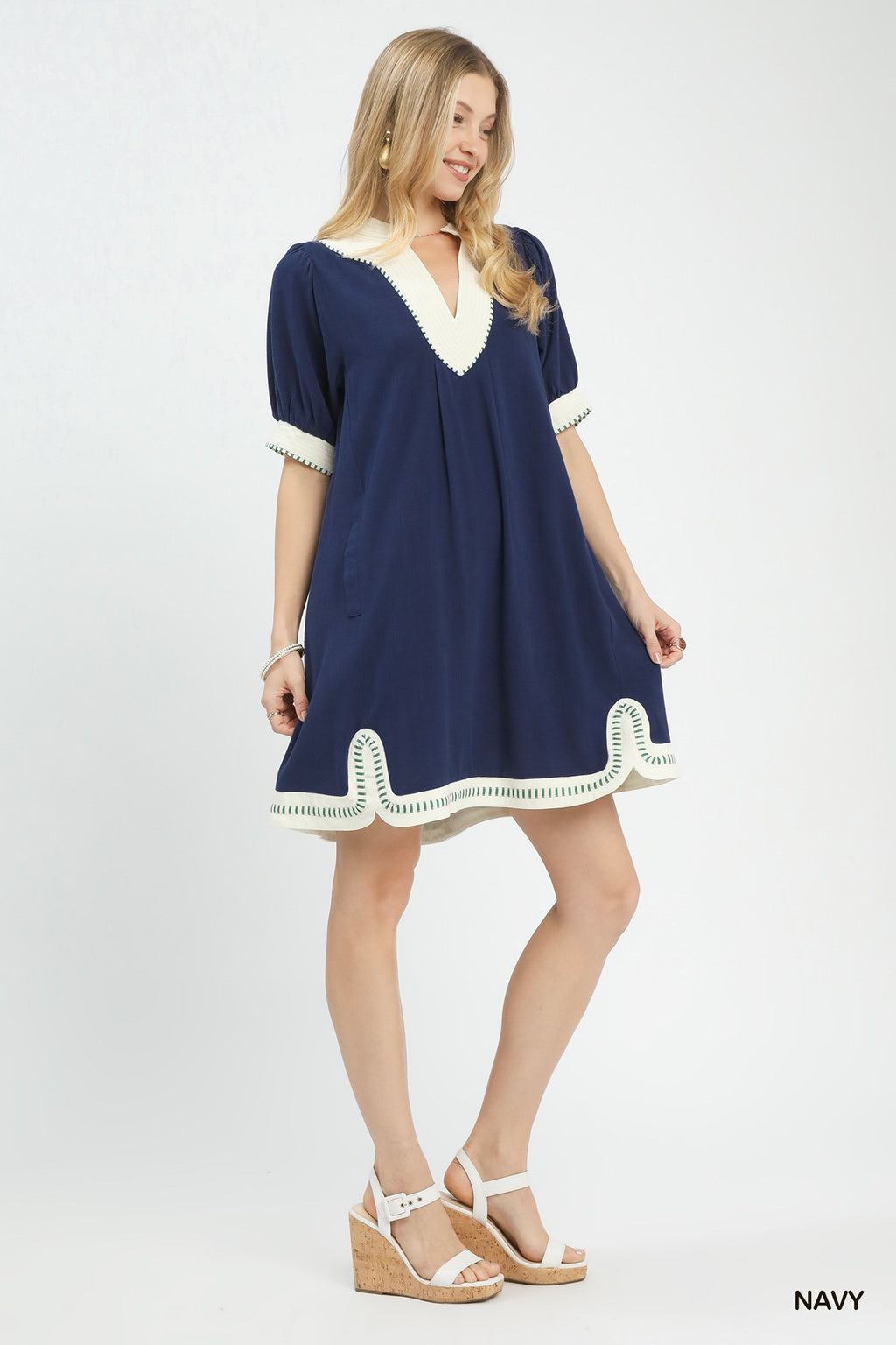Linen Contrast Trim Midi Dress in Navy for Women