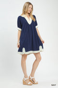 Linen Contrast Trim Midi Dress in Navy for Women