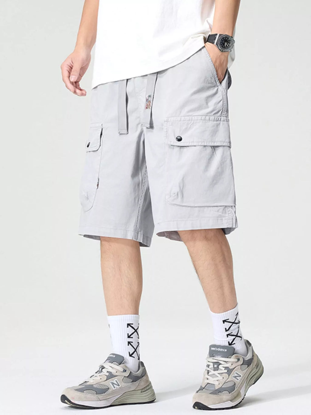 Drawstring Loose Fit Shorts Plus Size in Black in Medium Gray for Men