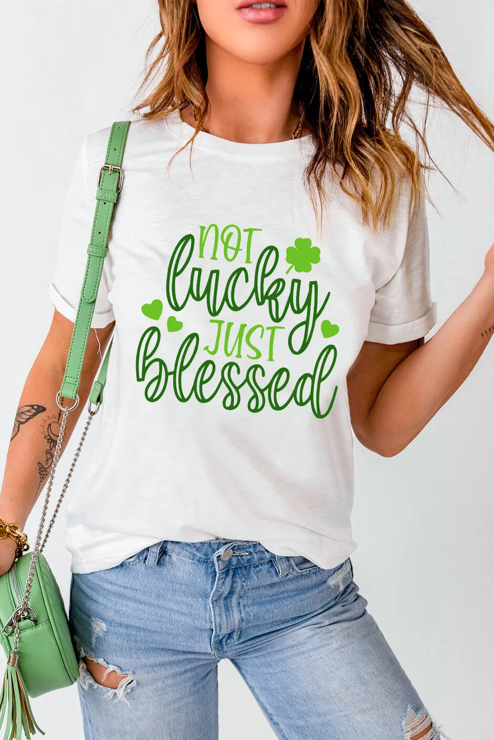 Not Lucky Just Blessed Round Neck T-Shirt in White for Women