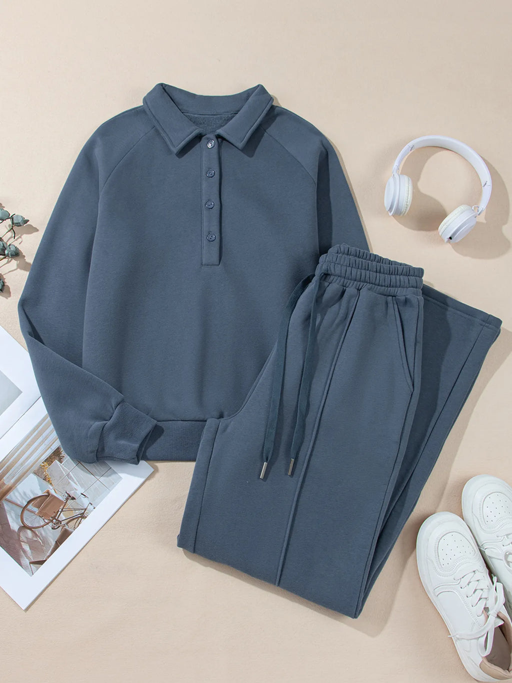 Collared Sweatshirt and High Waist Pants Active Set for Women