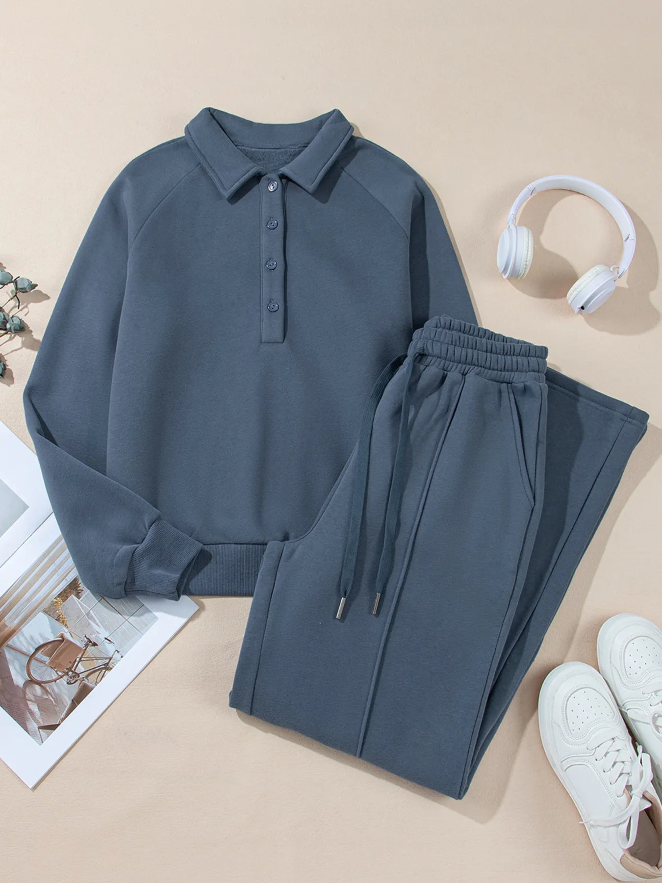 Collared Sweatshirt and High Waist Pants Active Set for Women