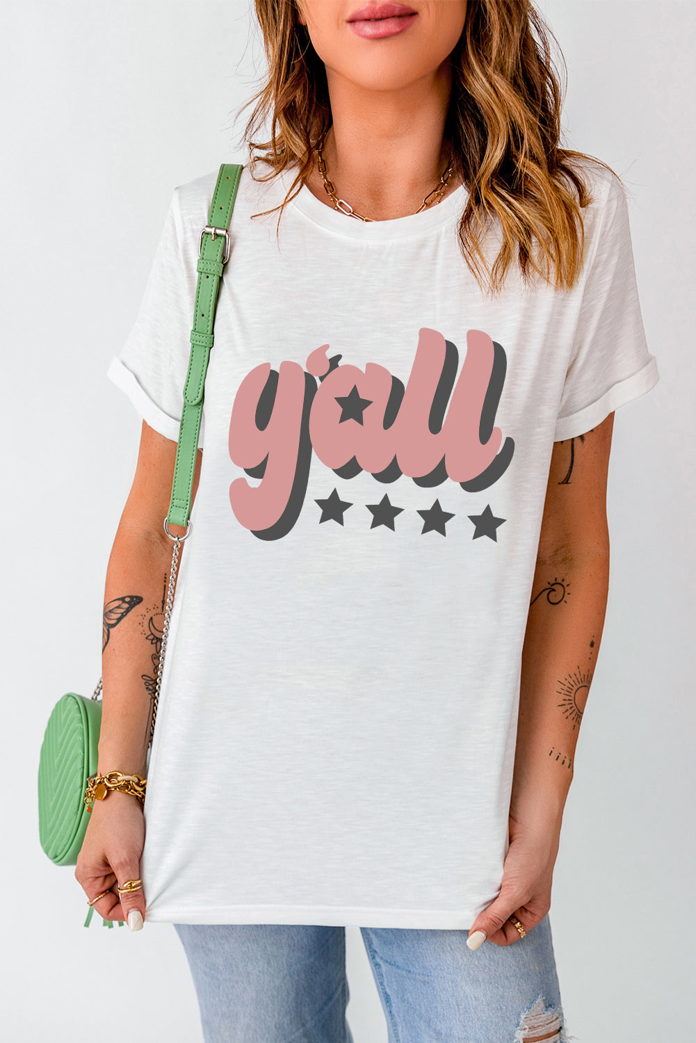 Yall Graphic Round Neck Tee in White for Women