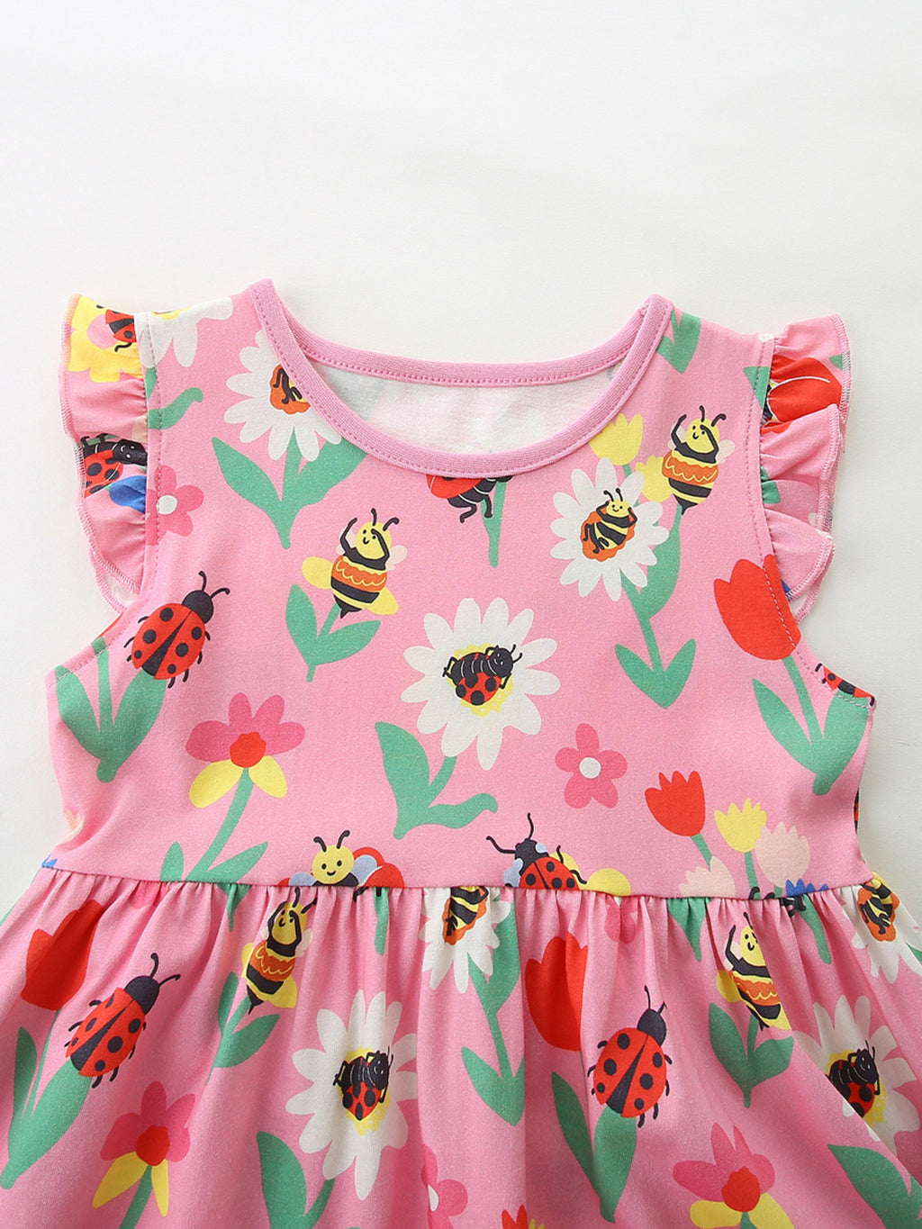 Floral & Insect Print Ruffle Sleeve Casual Dress in Multicolor for Girls