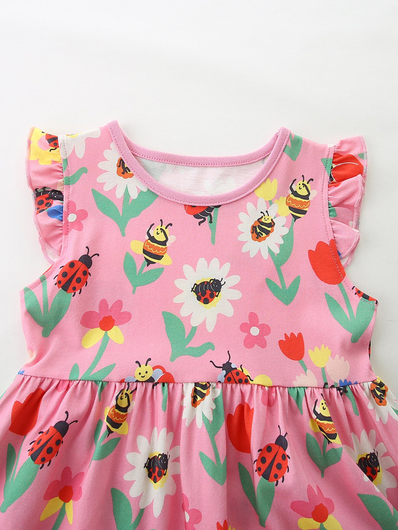 Floral & Insect Print Ruffle Sleeve Casual Dress in Multicolor for Girls