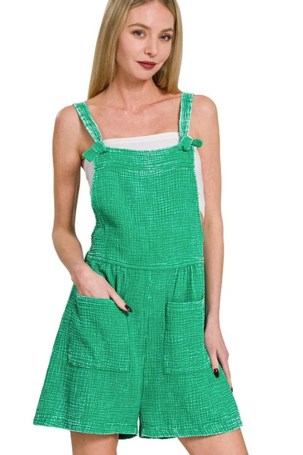 Woven Double Gauze Acid Washed Romper in Green for Women