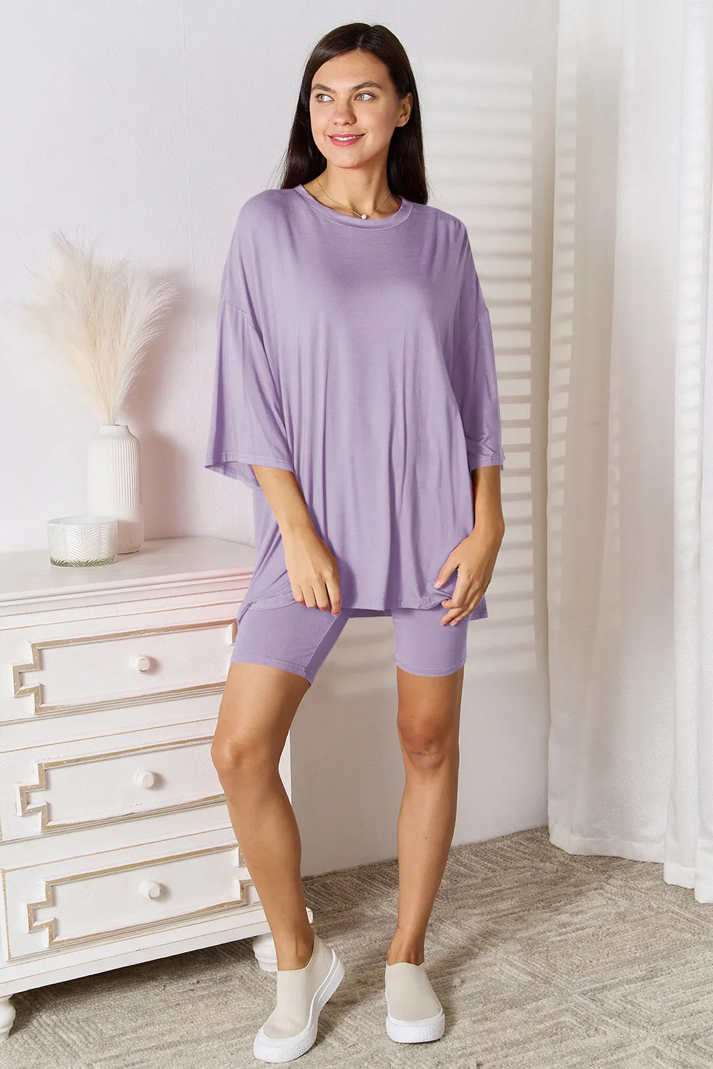 Plus Size Soft Rayon Three-Quarter Sleeve Top and Shorts Set in Sky Blue for Women
