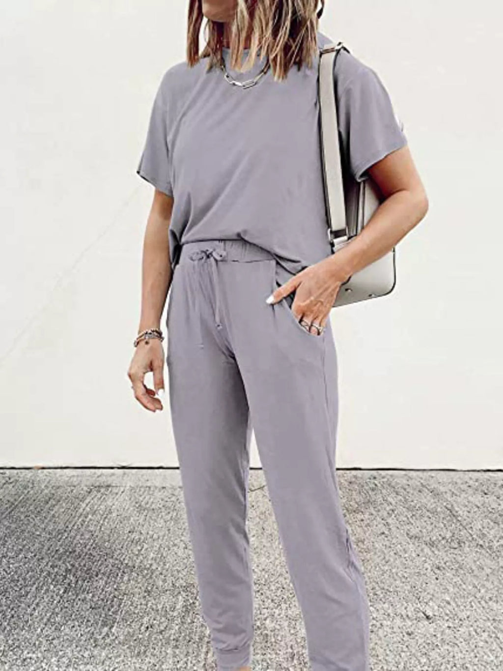 Round Neck Top and Drawstring Pants Set Plus Size in Pink for Women