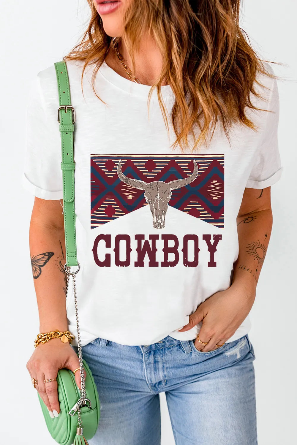 Graphic Round Neck Short Sleeve T-Shirt in Relaxed in White for Women