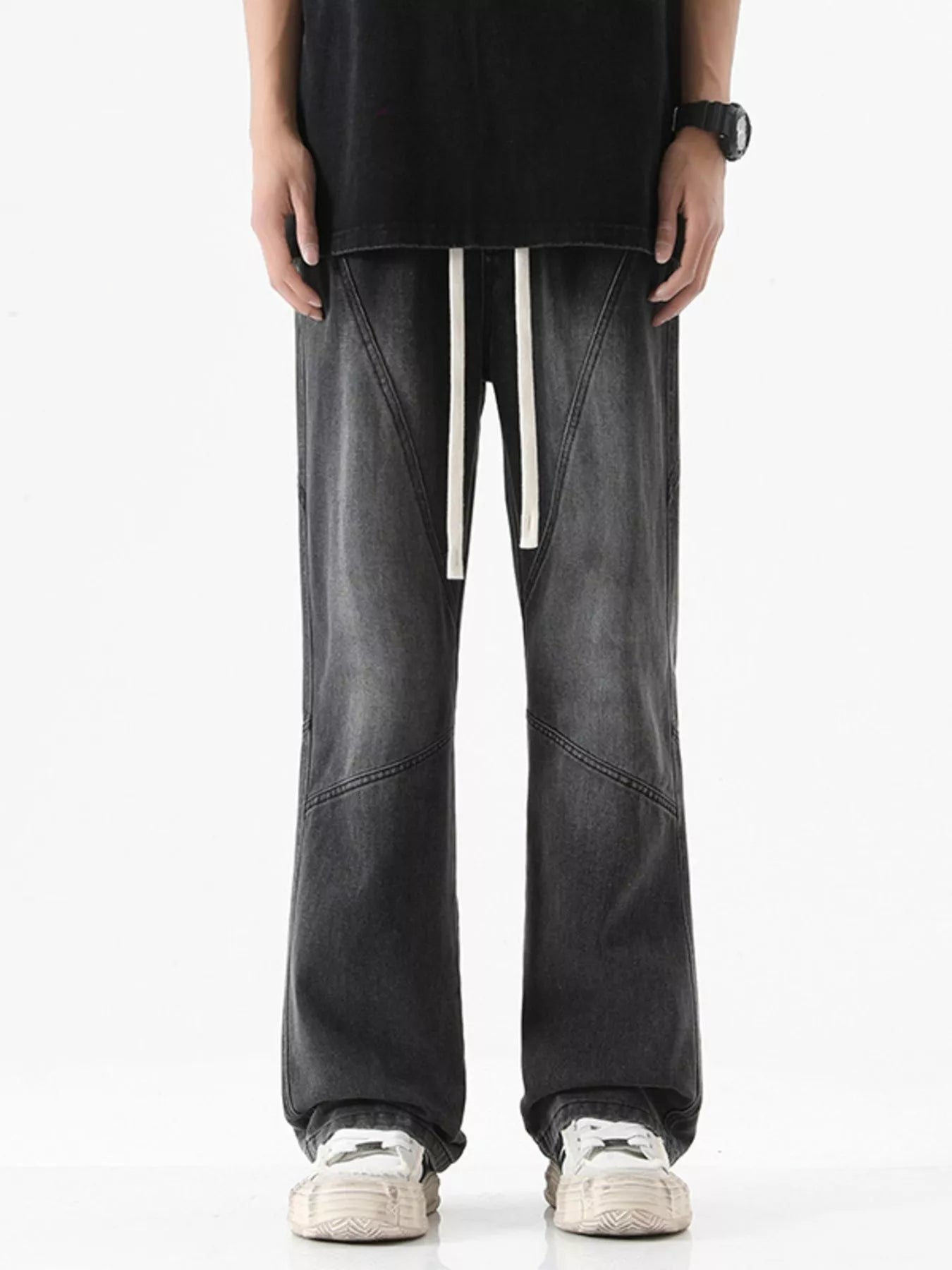 Drawstring Wide Leg Jeans Plus Size in Black for Men